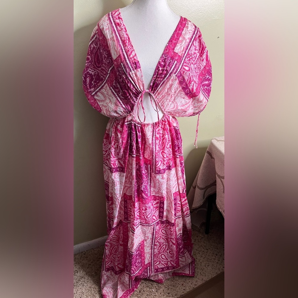 ZARA MAXI DRESS CUT OUT PATCHWORK PINK FUCHSIA LONG COTTON, 3709/917,size large - Picture 3 of 16